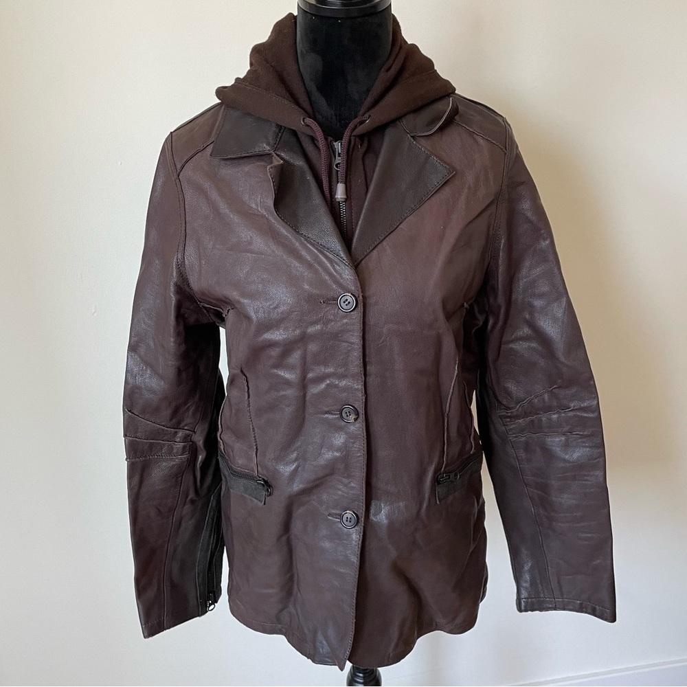 K-Yen Brown Leather Removable Zip Up Hoodie Bib Button Closure Jacket EUC Size L